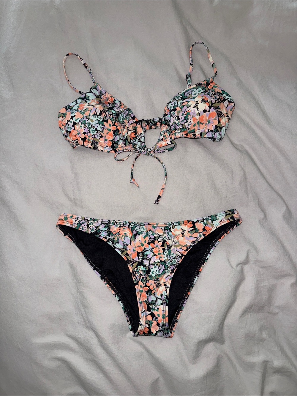 Billabong Black Floral Bikini Top with Peach & Mint Accents